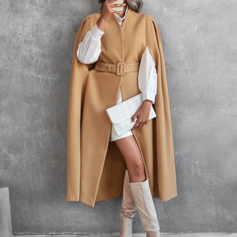 Contemporary Chic Tan Belted Long Cape Overcoat Jacket - Picture 4 of 7